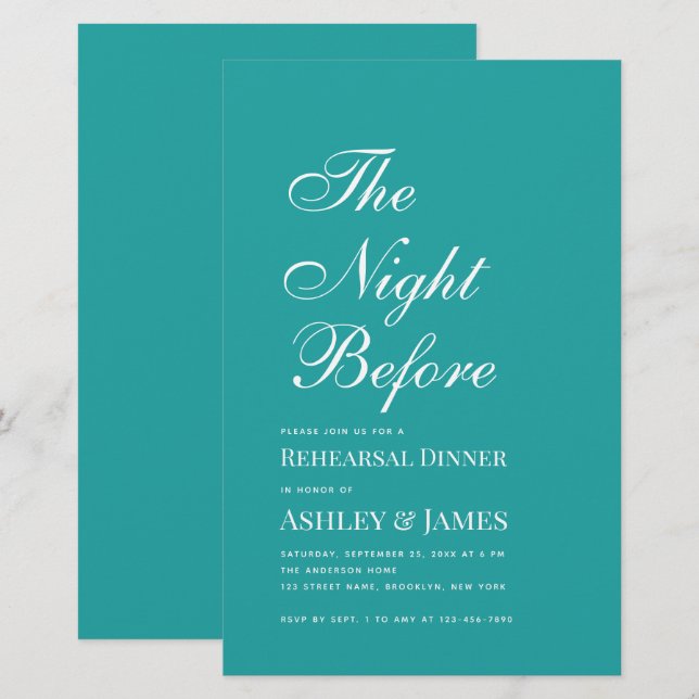 ティール（緑がかった色）ザナイトリハーサルディナー招待状 (正面/裏面)
