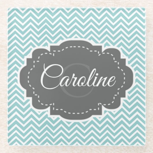 ティール(緑がかった色)シェブロンパーソナライズされたガラスコースター ガラスコースター (正面)