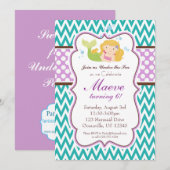 ティール(緑がかった色)シェブロン、紫色はブロンドの人魚の誕生日に点を打ちます 招待状 (正面/裏面)