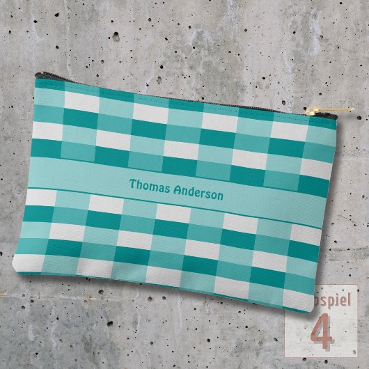 ティール（緑がかった色）シェードのカラーブロック（ライトグレー） アクセサリーポーチ