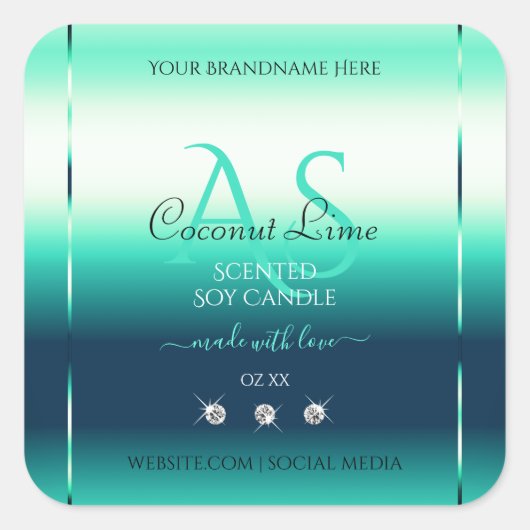 ティール(緑がかった色)シメリー製品ラベルのダイヤモンドとモノグラム スクエアシール (正面)