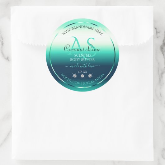 ティール（緑がかった色）シメリー製品ラベルのダイヤモンドとモノグラム ラウンドシール (バッグ)