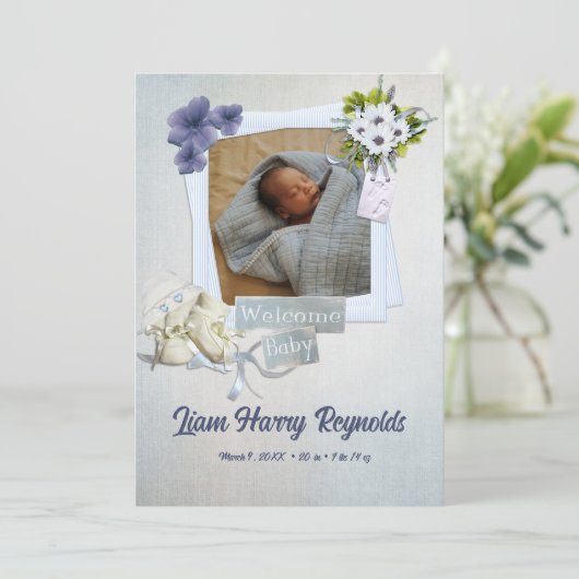 ティール（緑がかった色）シャビースタイルベビーフラットアナウンスメントカード 案内状 (スタンド正面)