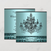 ティール（緑がかった色）シャンデリアブラックダマスク40thバースデーインビタット 招待状 (正面/裏面)