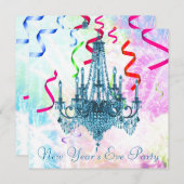 ティール（緑がかった色）シャンデリア紙吹雪花火新年 招待状 (正面/裏面)