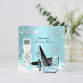 ティール(緑がかった色)シャンパンハイヒールバースデーパーティー 招待状 (スタンド正面)