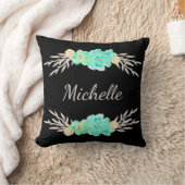 ティール(緑がかった色)&シルバーかわいいモノグラム枕 クッション (ブランケット)