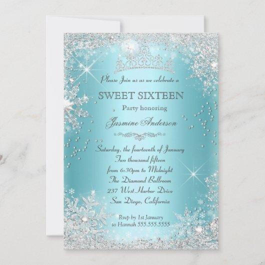ティール（緑がかった色）シルバーウィンターワンダーランドスウィート16ティアラ 招待状 (正面)