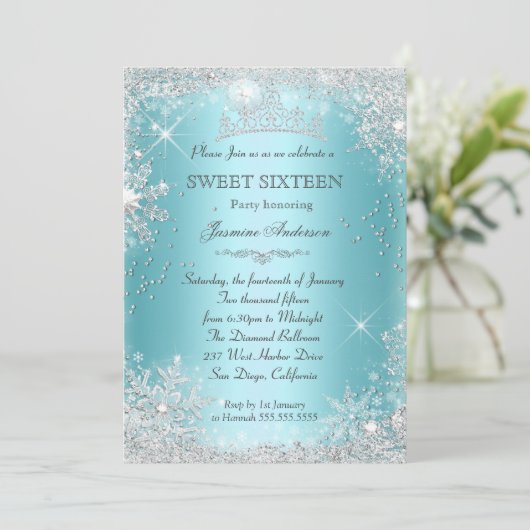 ティール（緑がかった色）シルバーウィンターワンダーランドスウィート16ティアラ 招待状 (スタンド正面)