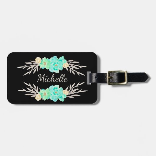 ティール（緑がかった色）&シルバーカスタムモノグラムバッグラベル ラゲッジタグ (正面横)