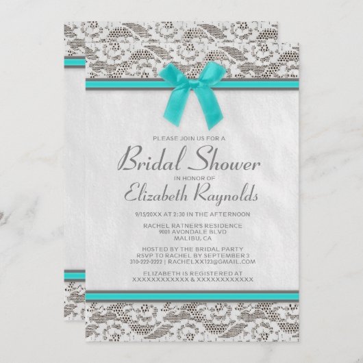 ティール(緑がかった色)シルバーカントリーレースブライダルシャワー招待状 招待状 (正面/裏面)