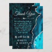 ティール(緑がかった色)&シルバーグリッターアゲート&マーブル結婚ズ サンキューカード (正面/裏面)