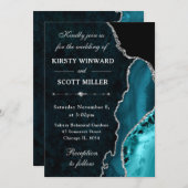 ティール(緑がかった色)&シルバーグリッターアゲート&マーブル結婚ズ 招待状 (正面/裏面)