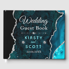 ティール（緑がかった色）&シルバーグリッターアゲ結婚ートズゲストブック ゲストブック