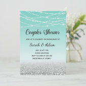 ティール(緑がかった色)&シルバーグリッターカップルシャワー招待状 招待状 (スタンド正面)