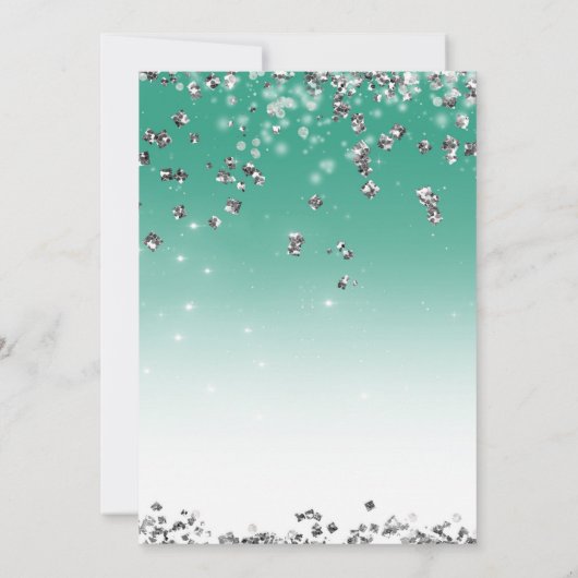 ティール（緑がかった色）&シルバーグリッターグラムドレスプレプロムパーティー 招待状 (裏面)