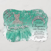 ティール（緑がかった色）シルバーグリッターグラモールドレスキンセアニラ15 招待状 (正面/裏面)