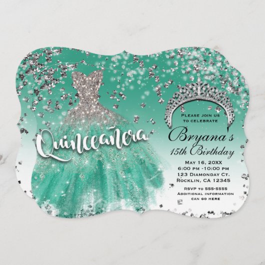 ティール（緑がかった色）シルバーグリッターグラモールドレスキンセアニラ15 招待状 (正面/裏面)