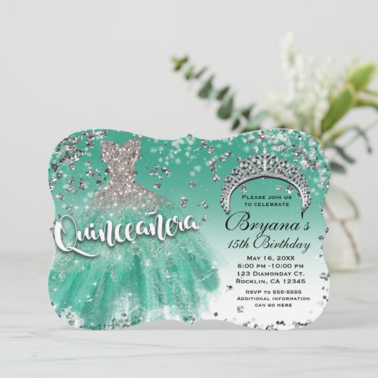 ティール(緑がかった色)シルバーグリッターグラモールドレスキンセアニラ15 招待状 (スタンド正面)