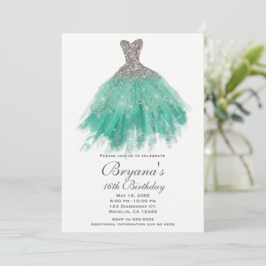 ティール（緑がかった色）&シルバーグリッターグラモールドレススウィート16パーティー 招待状 (スタンド正面)