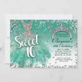 ティール(緑がかった色)&シルバーグリッターグラモールドレススウィート16パーティー 招待状 (正面)