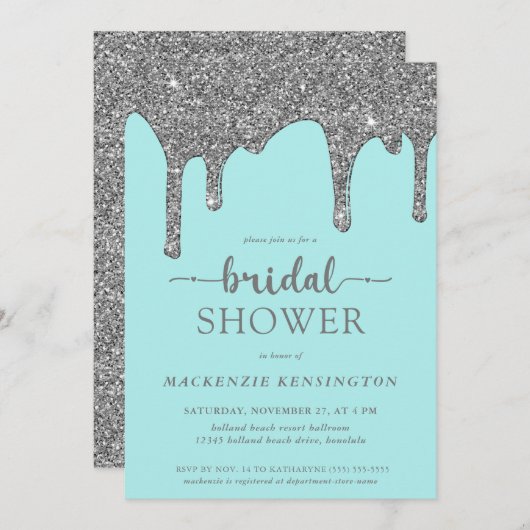 ティール（緑がかった色）シルバーグリッタードリップブライダルシャワー招待 招待状 (正面/裏面)