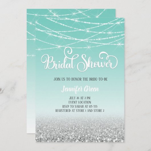 ティール(緑がかった色)シルバーグリッターブライダルシャワー招待状 招待状 (正面/裏面)