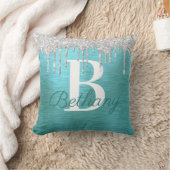 ティール（緑がかった色）シルバーグリッターブラッシュドメタルモノグラム名Th クッション (ブランケット)