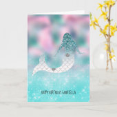 ティール(緑がかった色)シルバースパークルグリッターマーメイド カード (黄色い花)