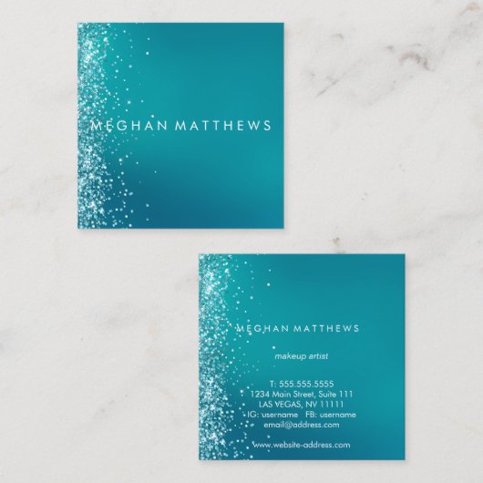 ティール（緑がかった色）シルバースパークルスプラッシュ美しいスタイリスト  スクエア名刺 (正面/裏面)