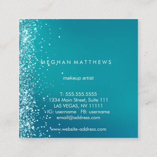 ティール（緑がかった色）シルバースパークルスプラッシュ美しいスタイリスト  スクエア名刺 (裏面)