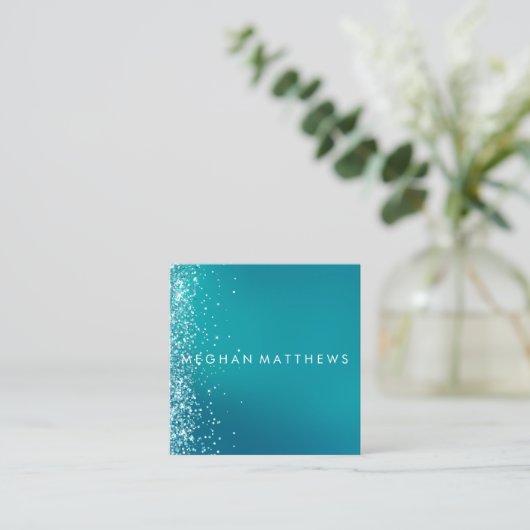 ティール（緑がかった色）シルバースパークルスプラッシュ美しいスタイリスト  スクエア名刺 (スタンド正面)