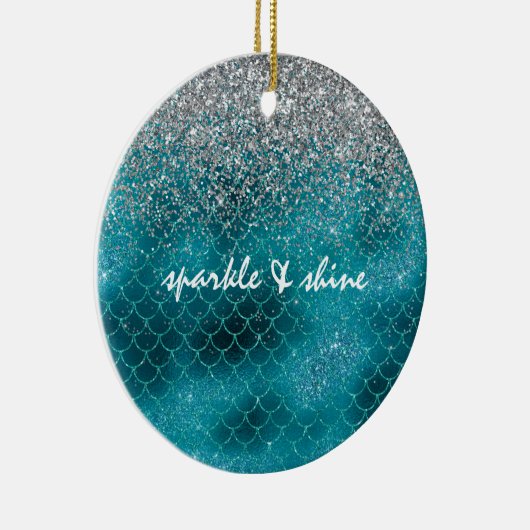 ティール（緑がかった色）シルバースパークルマーメイパーソナライズされたド セラミックオーナメント (右)