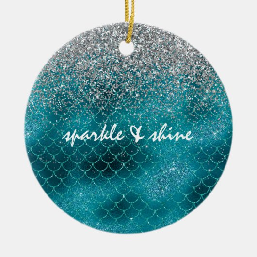 ティール（緑がかった色）シルバースパークルマーメイパーソナライズされたド セラミックオーナメント (正面)