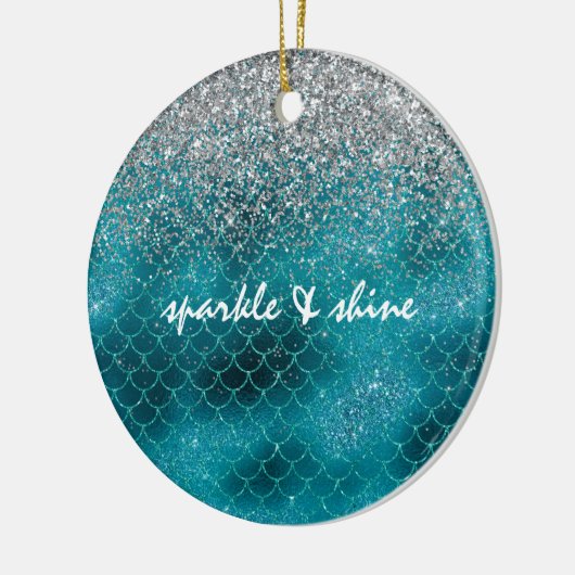 ティール（緑がかった色）シルバースパークルマーメイパーソナライズされたド セラミックオーナメント (左)