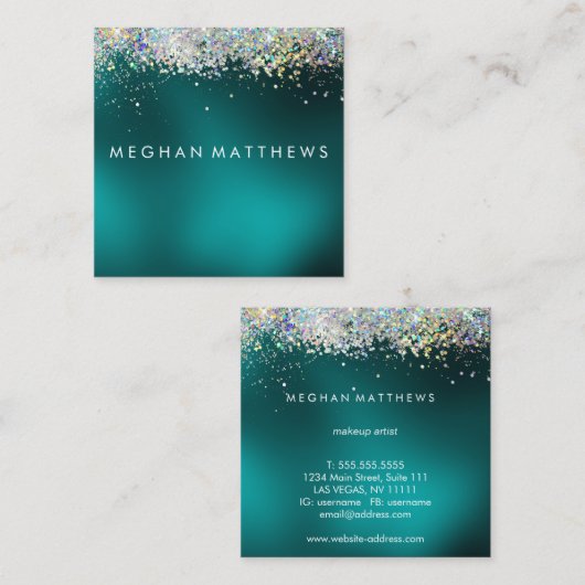 ティール(緑がかった色)シルバースパークル美しいスタイリストメイクアップアーティスト スクエア名刺 (正面/裏面)