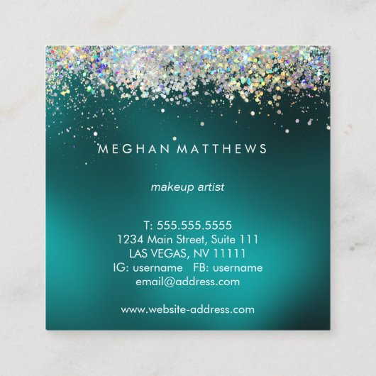 ティール(緑がかった色)シルバースパークル美しいスタイリストメイクアップアーティスト スクエア名刺 (裏面)