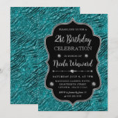 ティール（緑がかった色）シルバータイガーストライプグリッターフレーム誕生日 招待状 (正面/裏面)