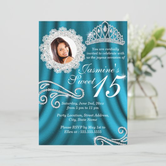 ティール（緑がかった色）シルバーダイヤモンドティアラ写真キンセアニェラ 招待状 (スタンド正面)