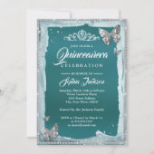 ティール（緑がかった色）シルバーダイヤモンドバタフライスパークルキンセアニェラ 招待状 (正面)