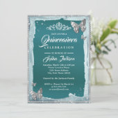 ティール（緑がかった色）シルバーダイヤモンドバタフライスパークルキンセアニェラ 招待状 (スタンド正面)