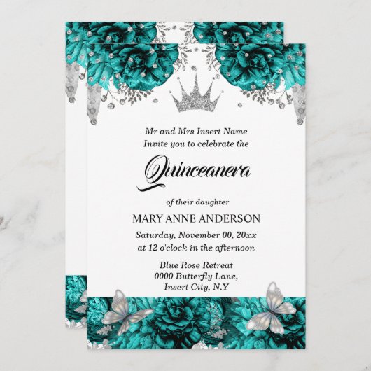 ティール（緑がかった色）シルバーティアラバタフライブルーバラキンセアニェラ 招待状 (正面/裏面)
