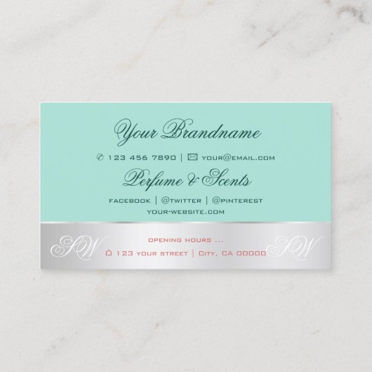 ティール（緑がかった色）シルバーデカールかわいいバラフラワーとイニシャル 名刺 (裏面)