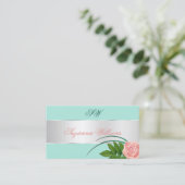 ティール（緑がかった色）シルバーデカールかわいいバラフラワーとイニシャル 名刺 (スタンド正面)