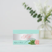 ティール（緑がかった色）シルバーデカール可愛いバラ花とモノグラム 名刺 (スタンド正面)