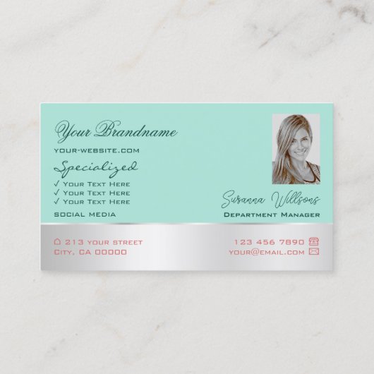 ティール（緑がかった色）シルバーデコージャスなバラの花と写真 名刺 (裏面)