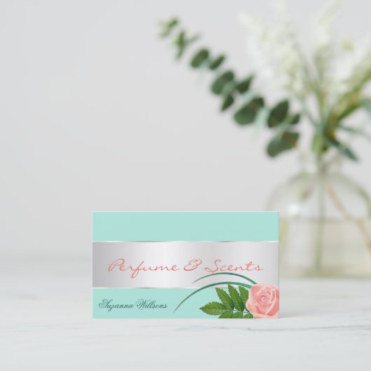 ティール（緑がかった色）シルバーデコージャスなバラの花と写真 名刺 (スタンド正面)