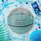 ティール（緑がかった色）シルバードリップバスケットボール ペーパープレート (パーティー)