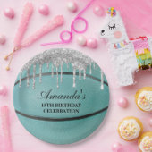 ティール（緑がかった色）シルバードリップバスケットボール ペーパープレート (パーティー)