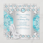 ティール（緑がかった色）シルバーハイヒールホワイトパールバースデーパーティー 招待状 (正面/裏面)